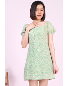 Fine Square Neck Puff Sleeve Leopard Print A Line Dress (Green)